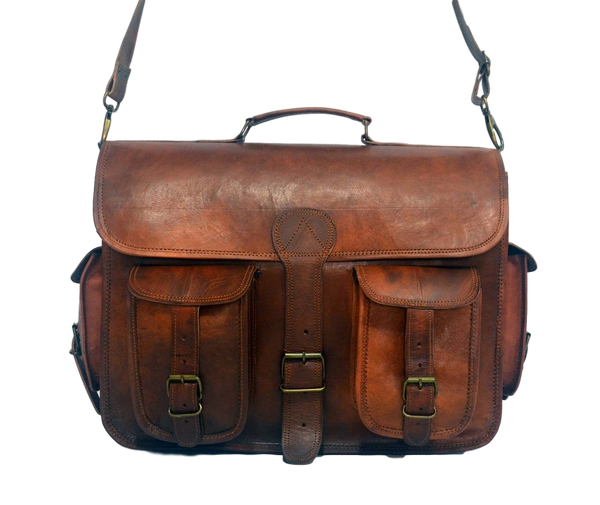 Vintage Leather Satchel and Shoulder Bag with Pockets 12" x 15" x 4.5"