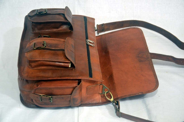 Vintage Leather Satchel and Shoulder Bag with Pockets 12" x 15" x 4.5"