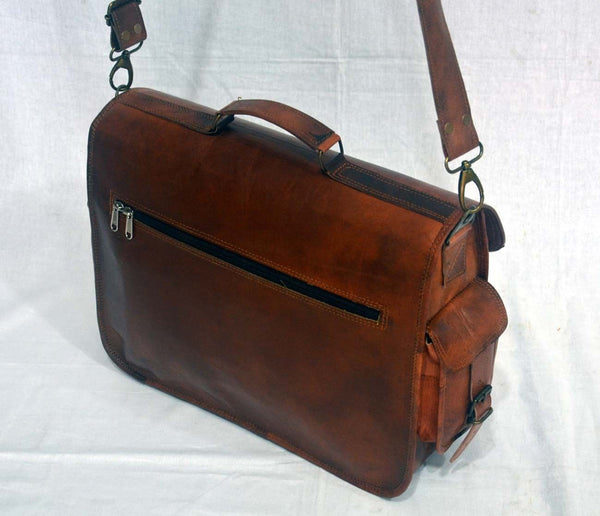 Vintage Leather Satchel and Shoulder Bag with Pockets 12" x 15" x 4.5"