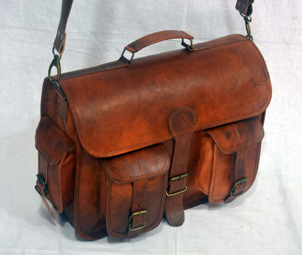 Vintage Leather Satchel and Shoulder Bag with Pockets 12" x 15" x 4.5"