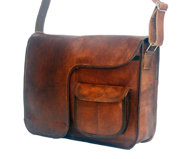 Vintage Leather Messenger Bag for Men and Women 11" x 15" x 4"