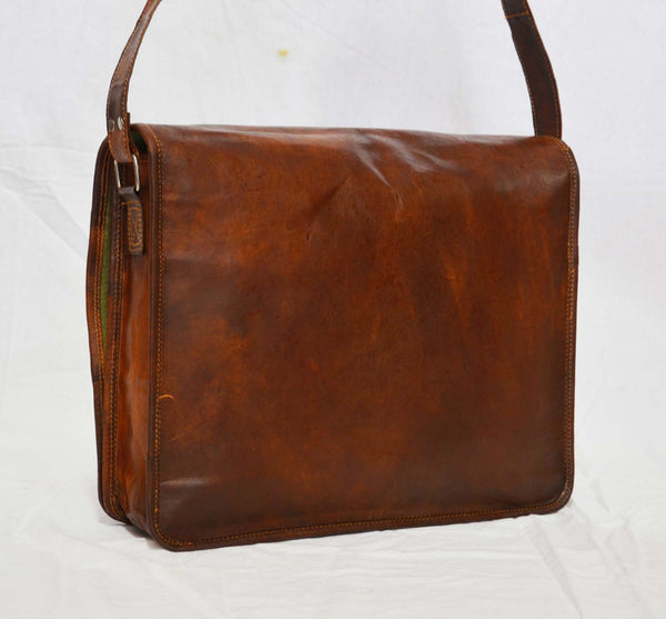 Vintage Leather Messenger Bag with Secure Pockets 11" x 15" x 4"