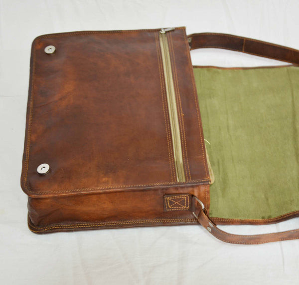 Vintage Leather Messenger Bag with Secure Pockets 11" x 15" x 4"