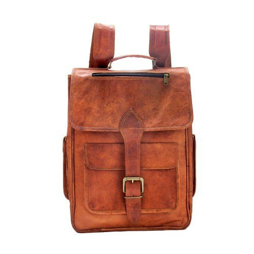 Vintage Leather Rucksack Backpack with Large Pockets, 11" x 15" x 3.5"