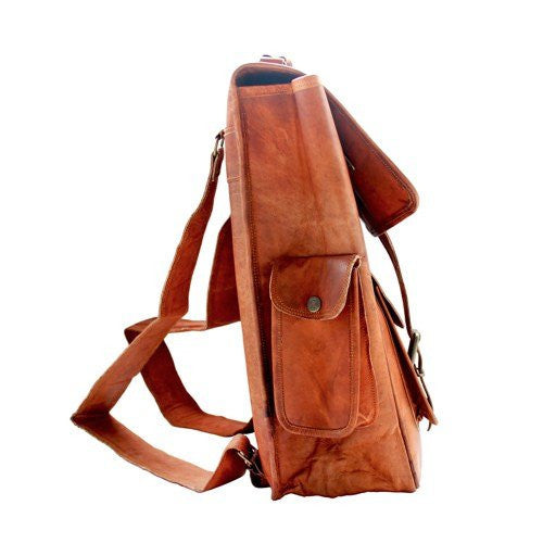 Vintage Leather Rucksack Backpack with Large Pockets, 11" x 15" x 3.5"