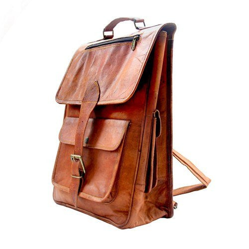 Vintage Leather Rucksack Backpack with Large Pockets, 11" x 15" x 3.5"