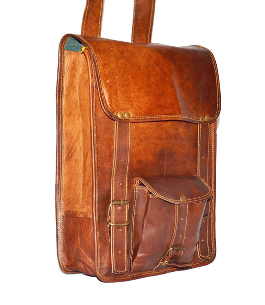 Vintage Leather Rucksack Backpack with Large Pockets, 10" x 13" x 4"