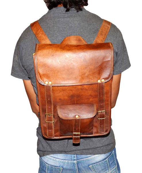 Vintage Leather Rucksack Backpack with Large Pockets, 10" x 13" x 4"