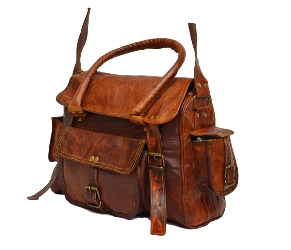 Brown vintage leather satchel for men and women